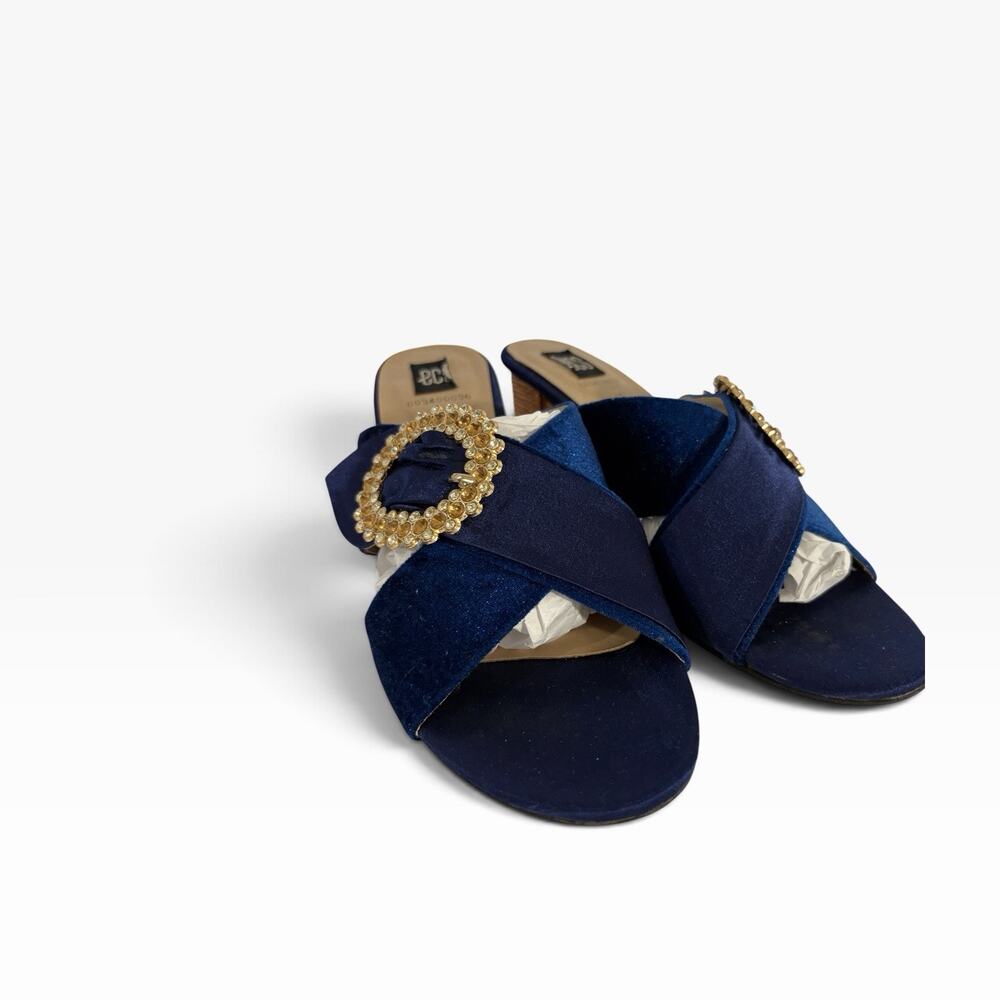 ECS Women’s Blue Suede Open Toe Slip-On Mule Heels Rhinestone Solid EU 41